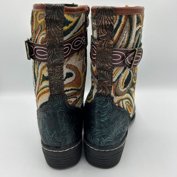 Womens Size 43 Bohemian-Style Mid-Calf Lace-Up Boots With Embossed Floral Design - Picture 6 of 10